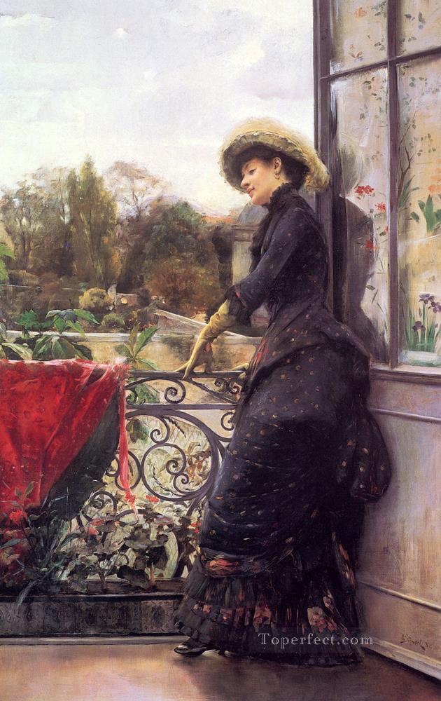 オン・ザ・テラスの女性 ジュリアス・ルブラン・スチュワート油絵